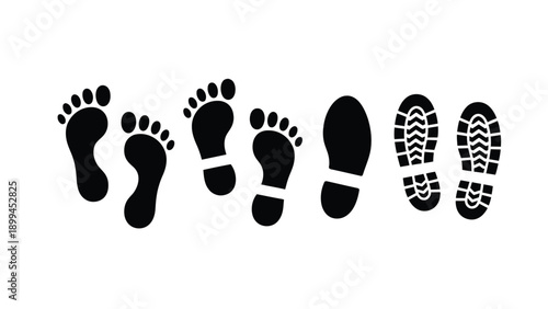 Black footprints and shoe prints on white background
