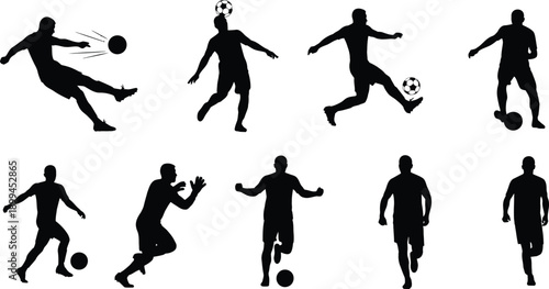 Black silhouettes of soccer players in various poses and movements on white background