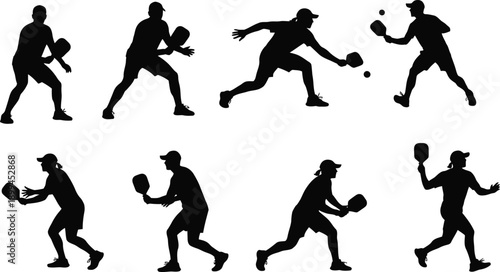 Black silhouettes of people playing pickleball in various dynamic poses on white background