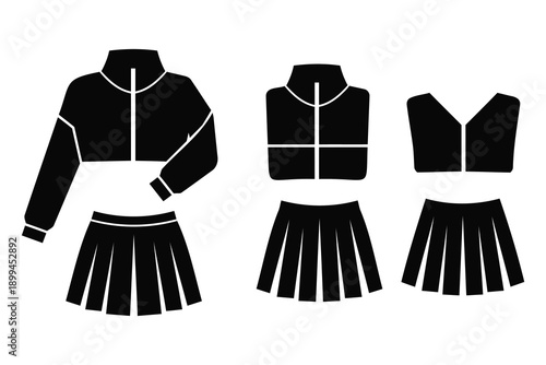 black silhouette of various cheerleading outfits with skirts and jackets