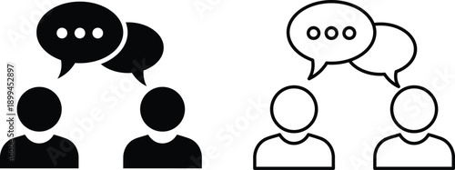 Two black and white pairs showing people talking with speech bubbles conversation communication