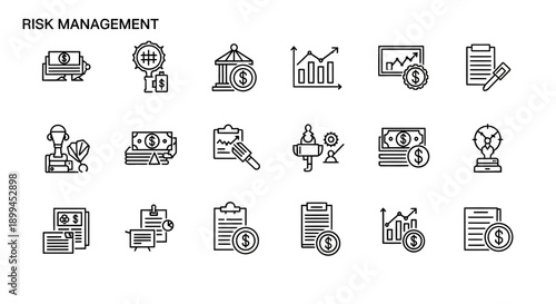 Risk Management Icons: Finance, Investment, Strategy, Analysis, Security