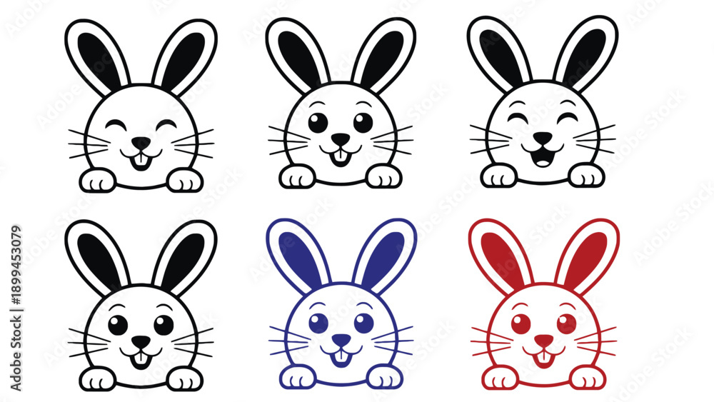 Obraz premium Black and white cartoon bunny faces with different expressions