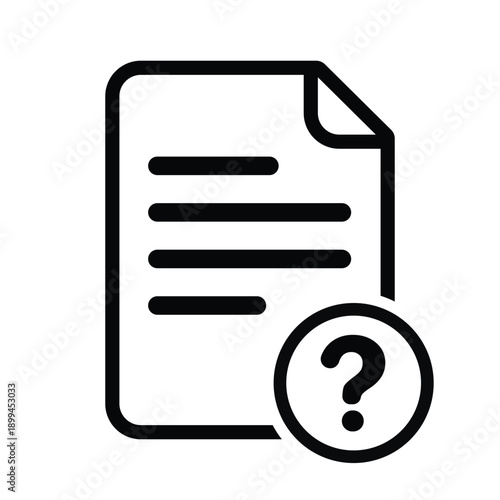 Minimal document help icon with question mark symbol. Black and white outline vector representing file inquiry, information request, support, FAQ, documentation help and user guidance in digital syste