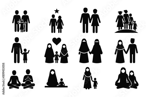 Black silhouettes of diverse human relationships and family structures on white background