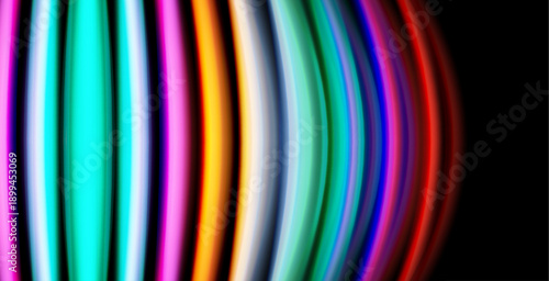 Colorful vertical stripes curve forming semicircle shape. Black background provides strong contrast, vibrant hues dominate composition.