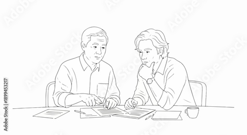 Line art illustration of two men engaged in work discussion, examining documents on table. Focused work discussion shows productive exchange of ideas among colleagues.