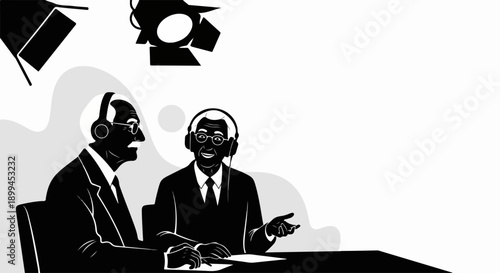 Black and white illustration showing broadcast media professionals wearing headphones in a studio. Broadcast media discussion features two men conversing,