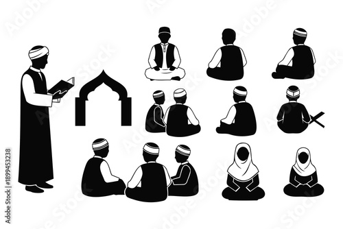 black silhouettes of people sitting and reading in various positions and a man standing with a book and an archway