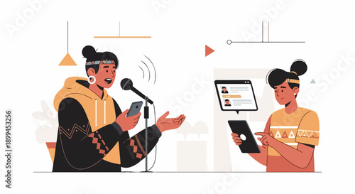 Young person engaged in podcast recording, holding smartphone and speaking into microphone with sound waves. Another individual interacts with online community on tablet, managing social media.