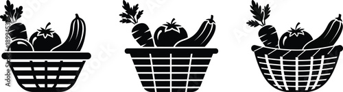 Three black silhouette baskets filled with fresh vegetables on white background for food and grocery concepts