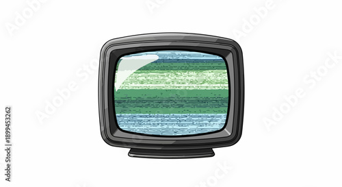 Retro TV with screen showing colorful TV static, isolated on pure white background. Old style television displays signal interference pattern, creating classic TV static effect.