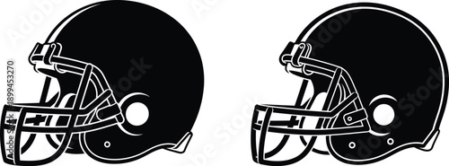 Two black american football helmets facing each other on white background sports equipment illustration