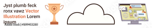 Data storage, digital rewards, online platforms, cloud technology, e-learning, tech training. Cloud diagram, trophy and desktop screen. Cloud technology and digital rewards visualization