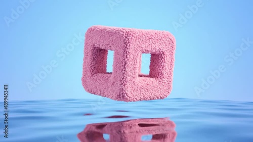 Pink fuzzy cube floats over water.
