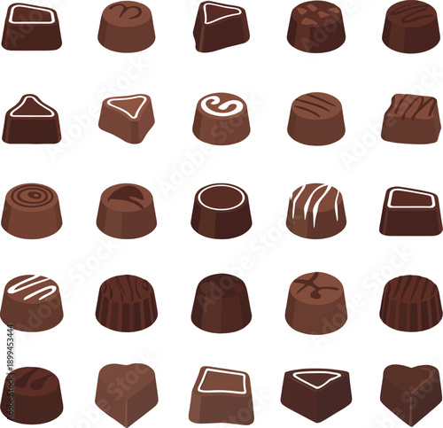 Assorted chocolate candies on white background for food and dessert concepts