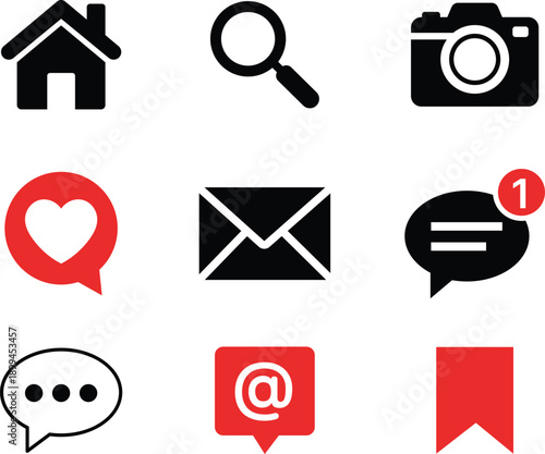 Collection of nine black and red simple for web and app use home search