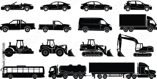 Collection of various vehicle silhouettes including cars trucks and construction equipment on white background for design and transportation concepts