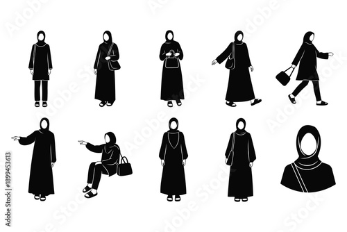 Collection of Muslim women in various poses and outfits in simple black silhouettes on white background