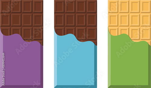 Colorful chocolate bars with purple blue and green filling isolated on transparent  background
