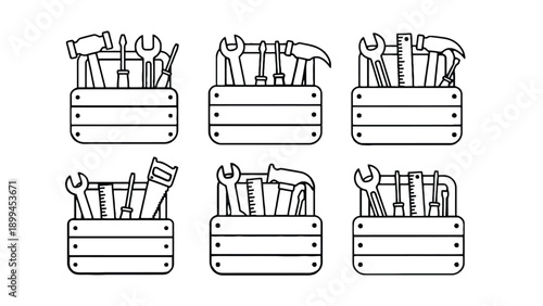 Six toolboxes filled with various tools on a white background