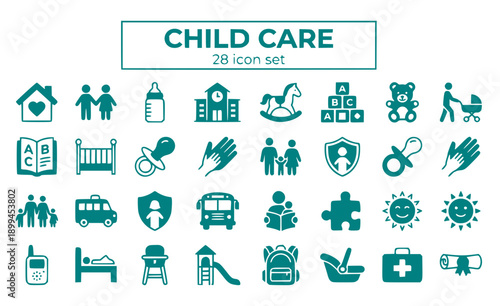 Child Care Daycare Babysitting Kids Childcare Services Supervision Early Education Nursery Development Parenting Nanny Preschool Toddler Infant Vector Icon Set - Childcare Services