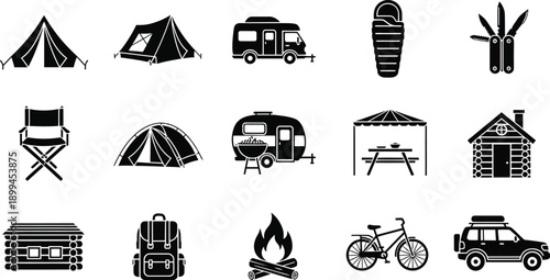 Camping icons set including tent caravan camper van and outdoor gear for travel and adventure