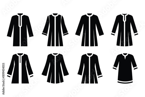 collection of various black muslim traditional clothing and robes with white accents  islamic fashion