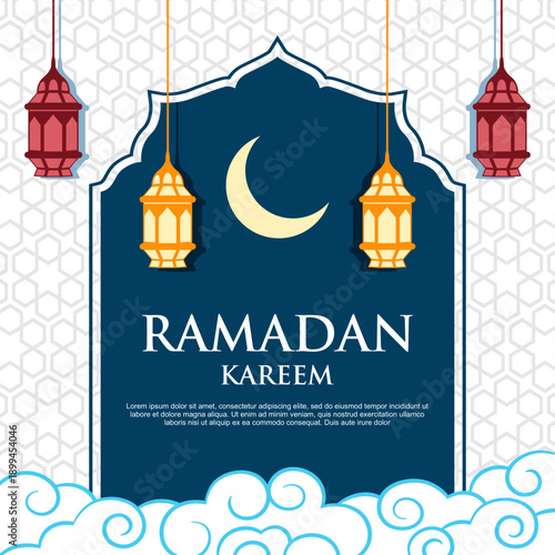 ramadan kareem greeting card design with background hanging colorful lanterns crescent moon and decorative islamic pattern