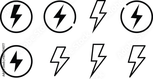Black lightning bolt in circles and standalone on white background symbol electricity