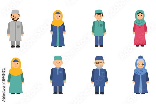 Diverse group of Muslim people in traditional clothing standing alone  various ages and outfits