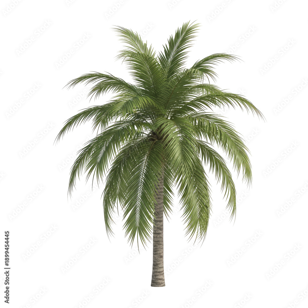 Obraz premium Isolated tropical palm tree featuring vibrant green leaves and a rough bark texture, presented on a transparent background for versatile graphic design use.