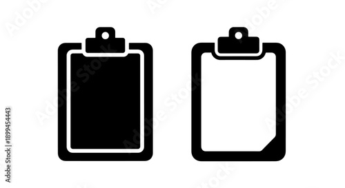Two clipboard icons, one solid black and one outline with a paper corner, for design concepts.