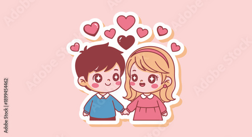 Adorable Cartoon Couple Holding Hands with Floating Hearts on a Sweet Pink Background, showing innocent love and affection.