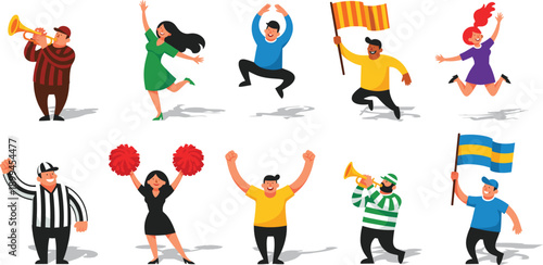 Football Fans Celebration Set with Cheerleaders, Referee and Supporters Cartoon Illustration