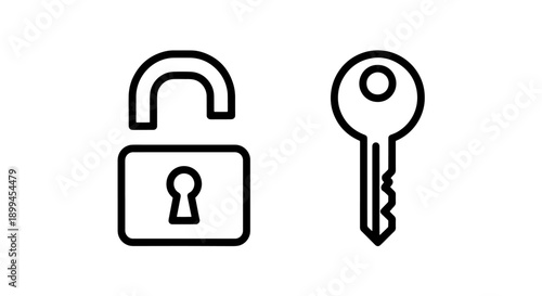 Outline icons of an unlocked padlock and a key, symbolizing access, secrets, and solutions.