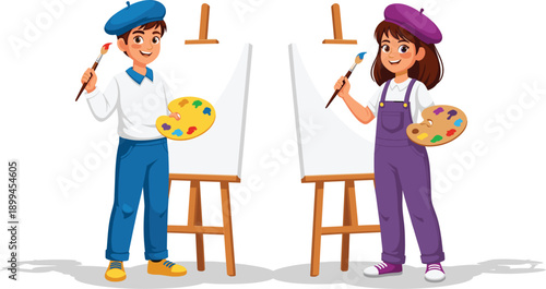 Kids Painter Characters with Easel, Brush and Palette Cute Cartoon Illustration Isolated on White
