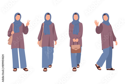 Four cartoon Muslim women in hijab and casual outfit with handbag in different poses isolated on white background