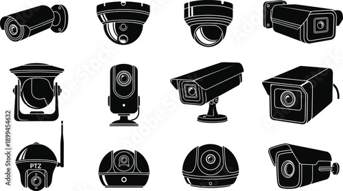 Collection of various security cameras and surveillance devices in black and white illustration on clean background