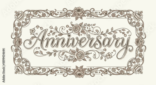 Elegant Anniversary Text in Ornate Vintage Floral Frame on Light Textured Background