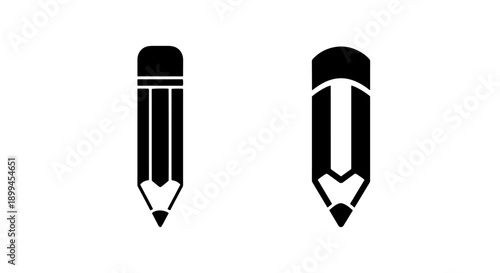 Two solid black pencil icons, one with an eraser, for creative and educational themes.