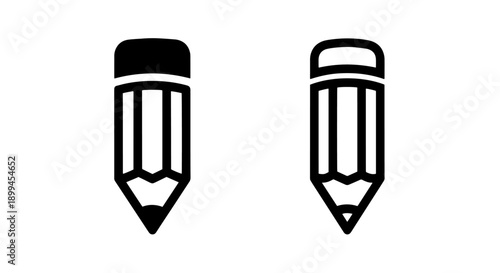Two solid pencil icons with erasers, one standard and one stylized, for writing and art.
