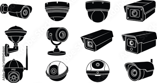 Various security cameras on white background surveillance concept with multiple black and white cctv camera types