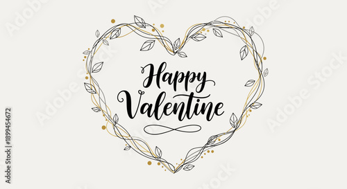 Happy Valentine Text in Heart Shaped Floral Wreath on Light Cream Background