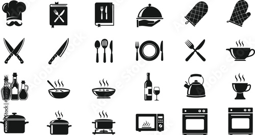 Black kitchen icons set including chef hat utensils appliances and food symbols on white background for cooking and restaurant concepts