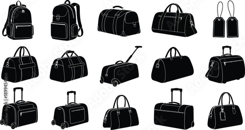 Collection of various black luggage and travel bags in different shapes and sizes on white background