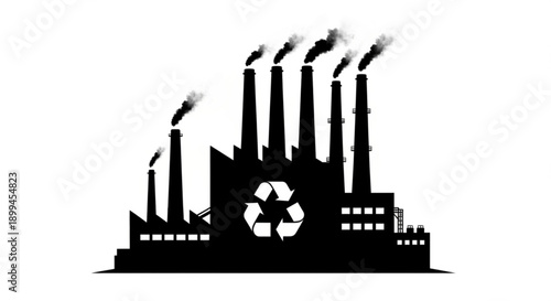 Industrial factory with pollution and recycling symbol viewed from the front