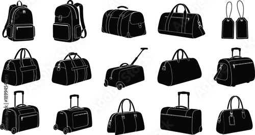 Collection of various black luggage and travel bags with wheels and handles on white background for travel and transportation needs