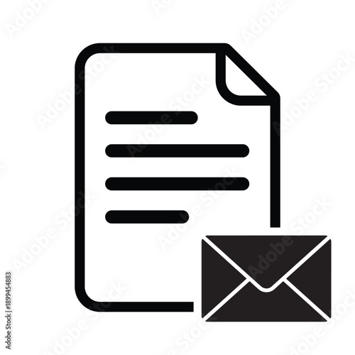 Professional icon showing a document with a mail envelope. Perfect for representing email attachments, digital correspondence, newsletters, or formal business communications.