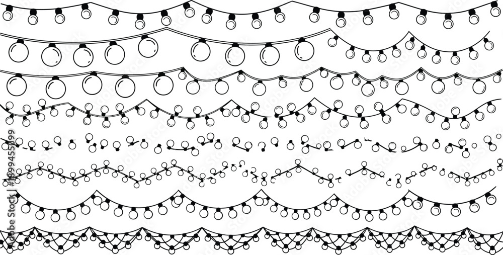 Obraz premium Collection of various festive string lights and garland designs on white background for decoration